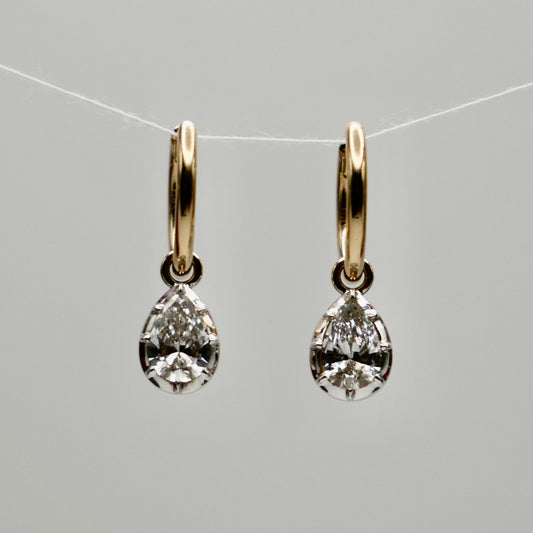 2 Ct Pear Cut Moissanite or Diamond Georgian Victorian 14K White and Yellow Gold Earrings