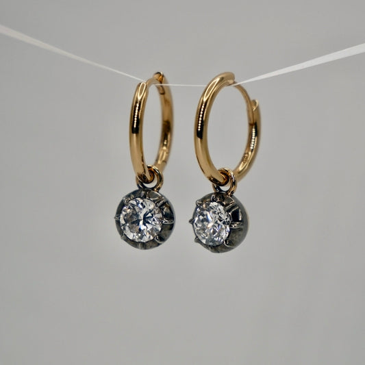 Custom Round Georgian Victorian Diamond Blackened 14K or 18K Gold Earrings
