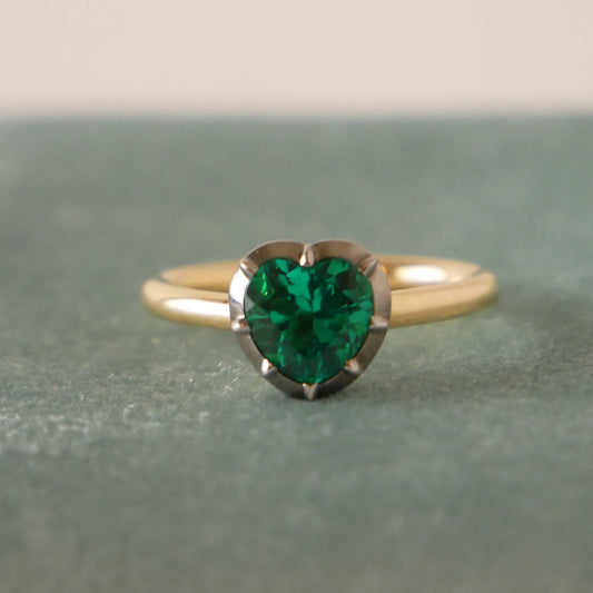 1.25 Carat Georgian Victorian Heart Shaped Emerald and Blackened Gold Collet Button Back Ring